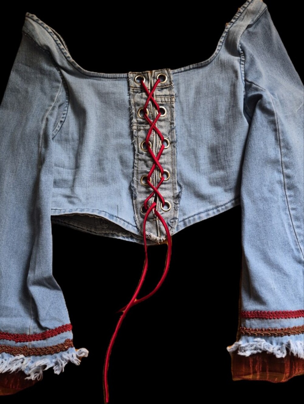 Upcycled Patchwork Asymmetrical Skirt, DenimTop & Cutch in Red and Animal Prints - Picture 9 of 16